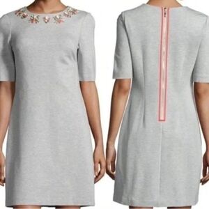 Eliza J Heather Gray Jersey Knit Shift Dress Jeweled Neck Orange Zipper Size 8